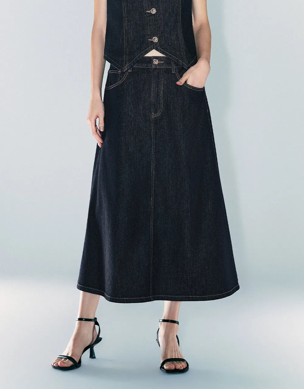 Midi A-Line Denim Skirt