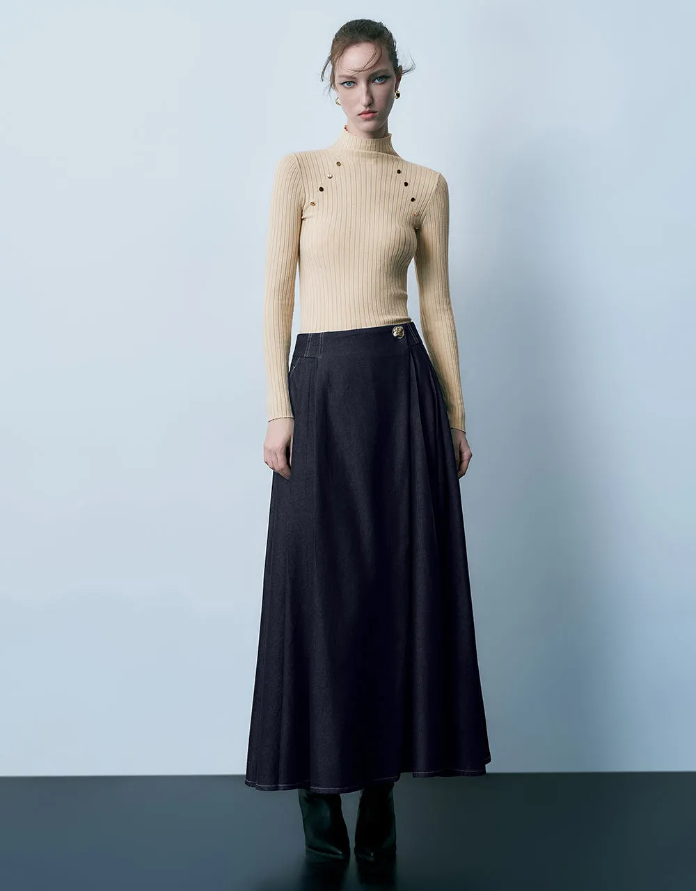 Midi A-Line Denim Skirt