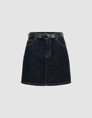 Mini A-Line Denim Skirt With Belt