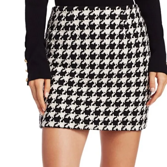 MONARC Anthropologie Houndstooth Tweed Mini/Midi Skirt black white Sz L