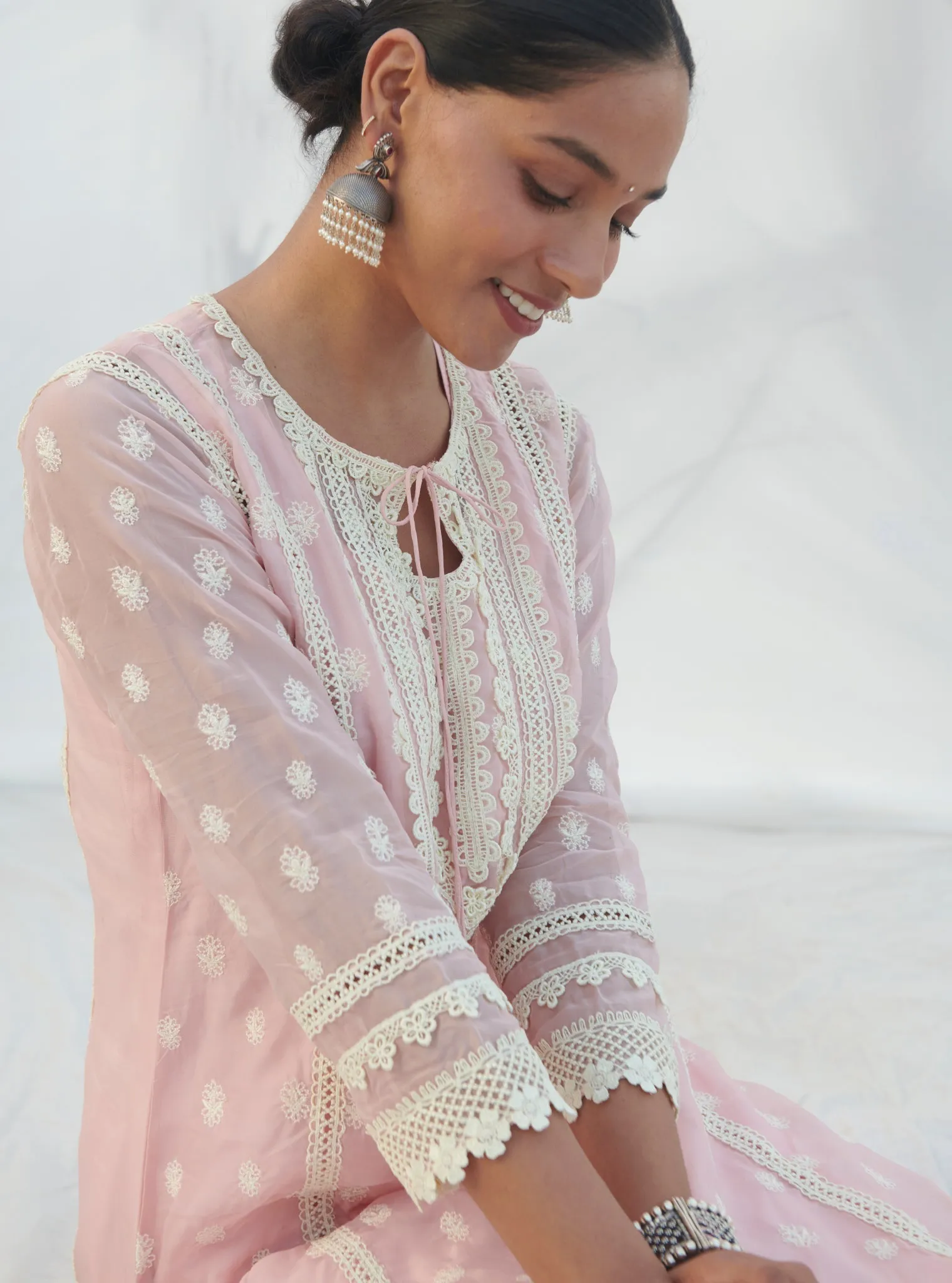 Mulmul Organza Jankia Pink Kurta With Mulmul Cotton Jankia Pink pant