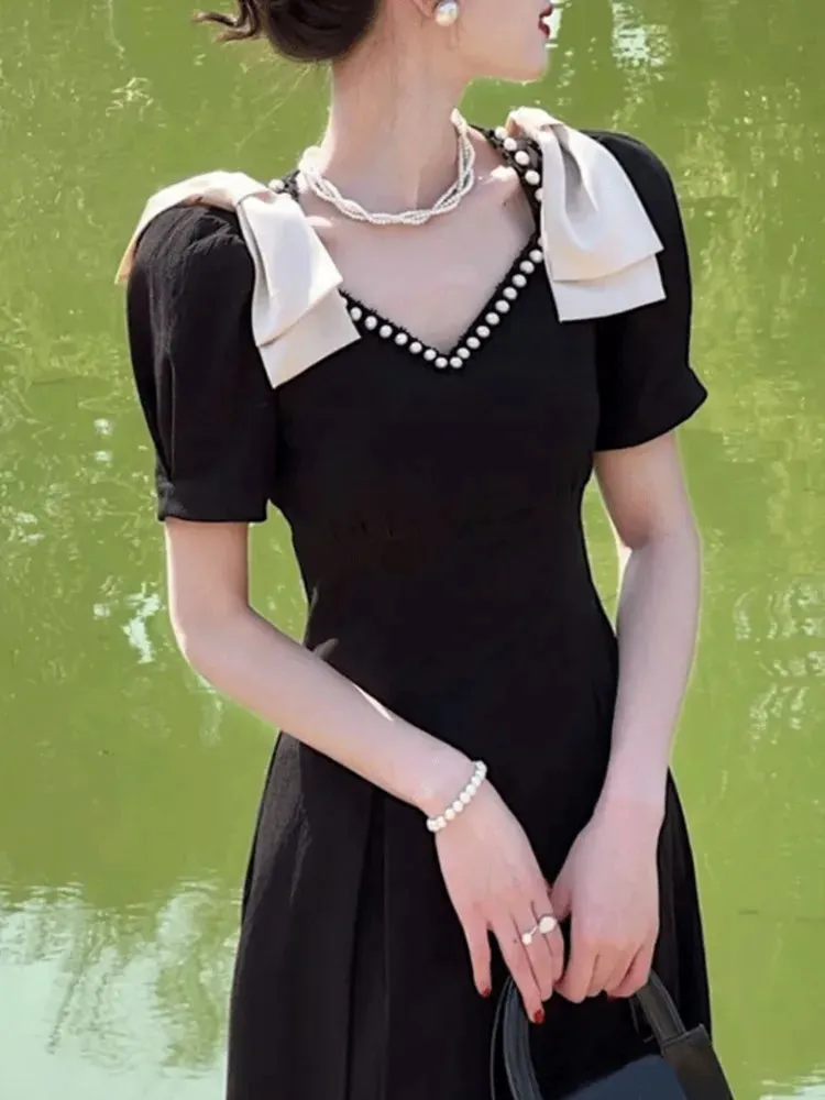 New Fashion Elegant Black Midi Dress Office Party Vintage A-Line V-Neck Pearl Detail Long Dress