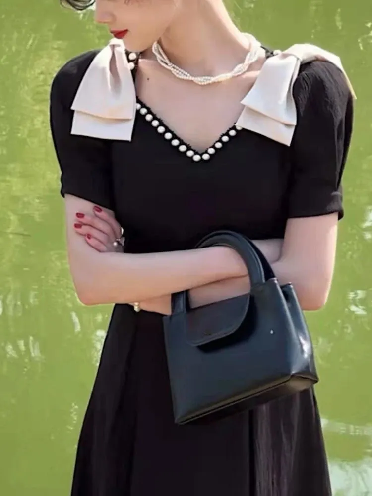 New Fashion Elegant Black Midi Dress Office Party Vintage A-Line V-Neck Pearl Detail Long Dress