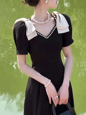 New Fashion Elegant Black Midi Dress Office Party Vintage A-Line V-Neck Pearl Detail Long Dress