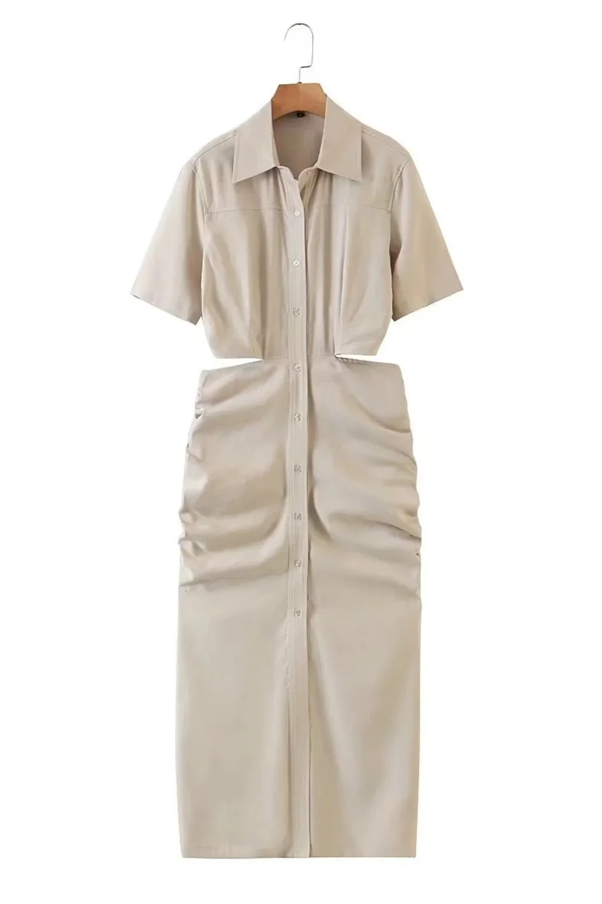 OAKLEY Open-Back Button-Down Ruched Sides Midi Dress (Light Beige)