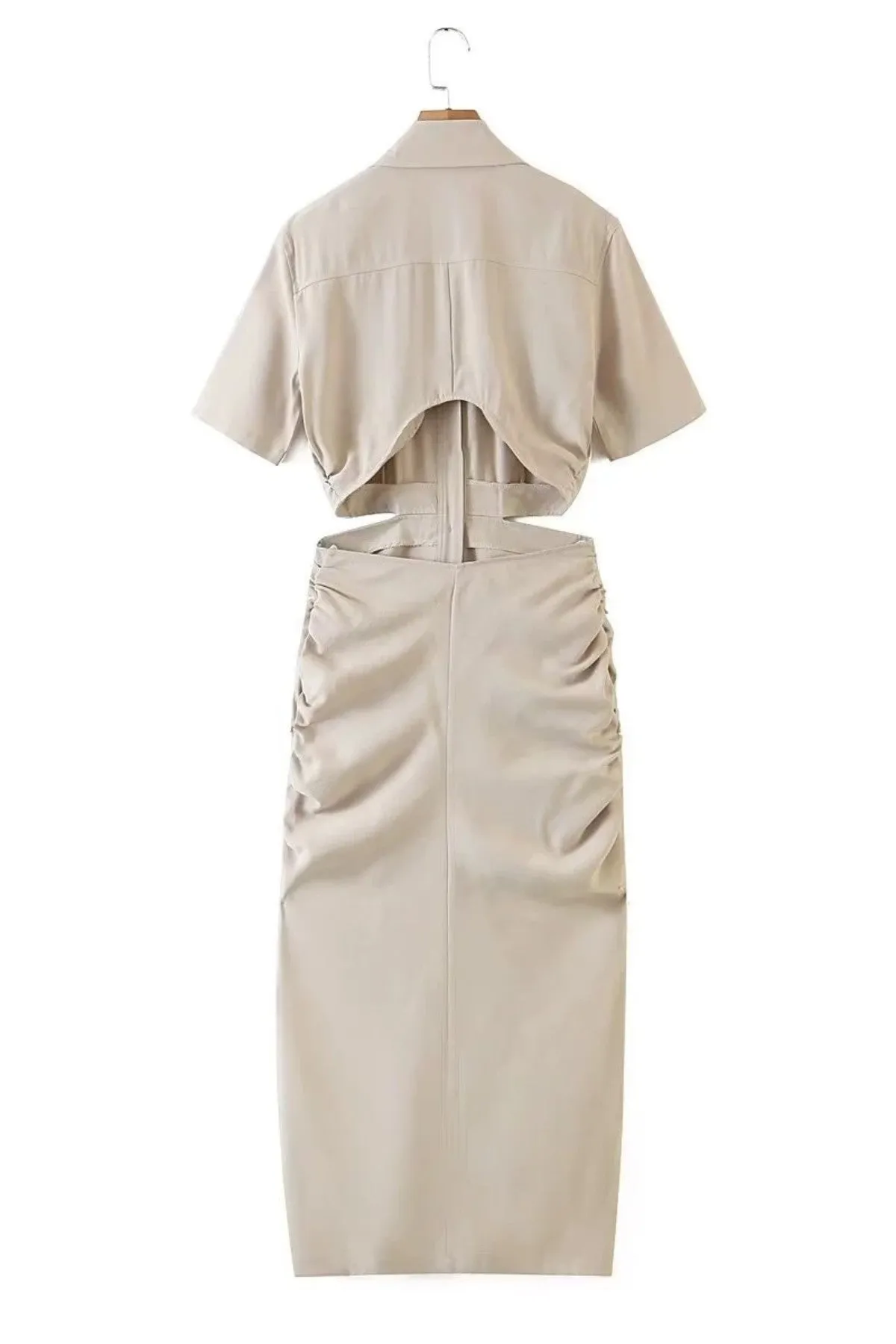 OAKLEY Open-Back Button-Down Ruched Sides Midi Dress (Light Beige)