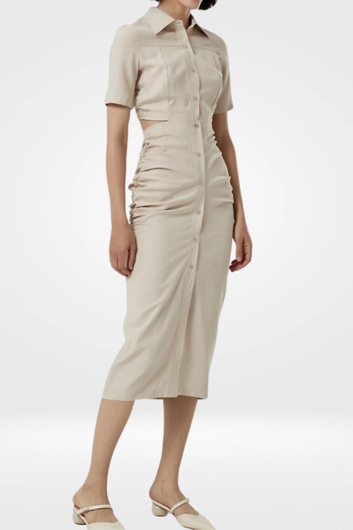 OAKLEY Open-Back Button-Down Ruched Sides Midi Dress (Light Beige)