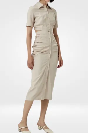 OAKLEY Open-Back Button-Down Ruched Sides Midi Dress (Light Beige)