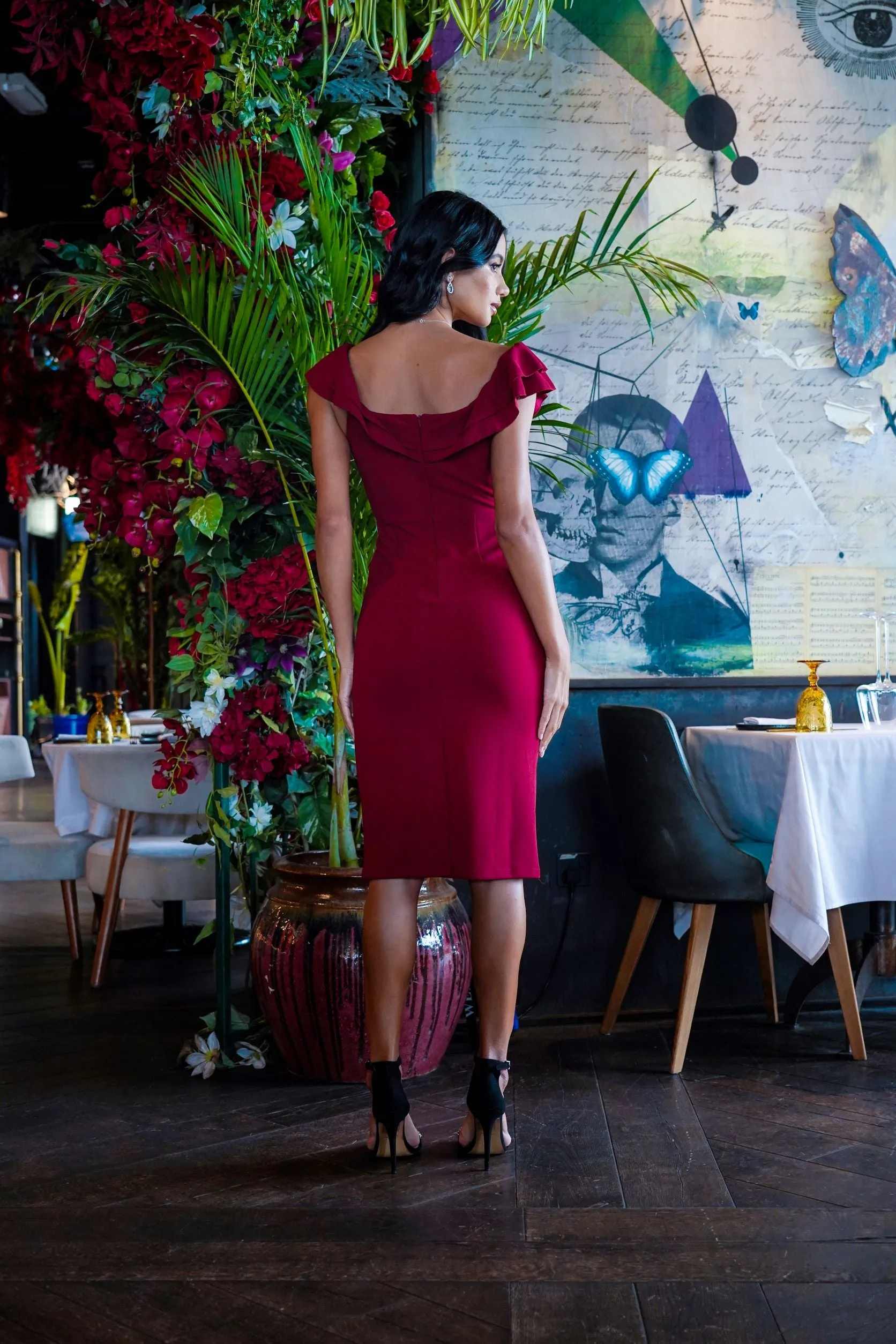Off the Shoulder Midi Dress with Frill in Wine