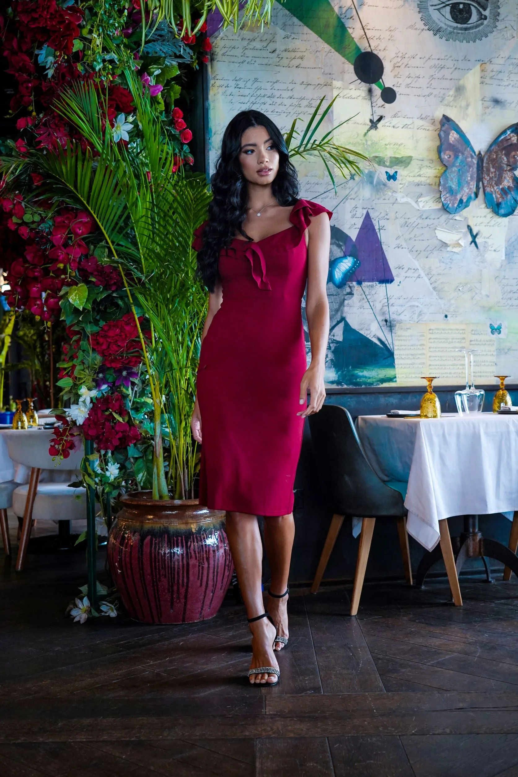 Off the Shoulder Midi Dress with Frill in Wine