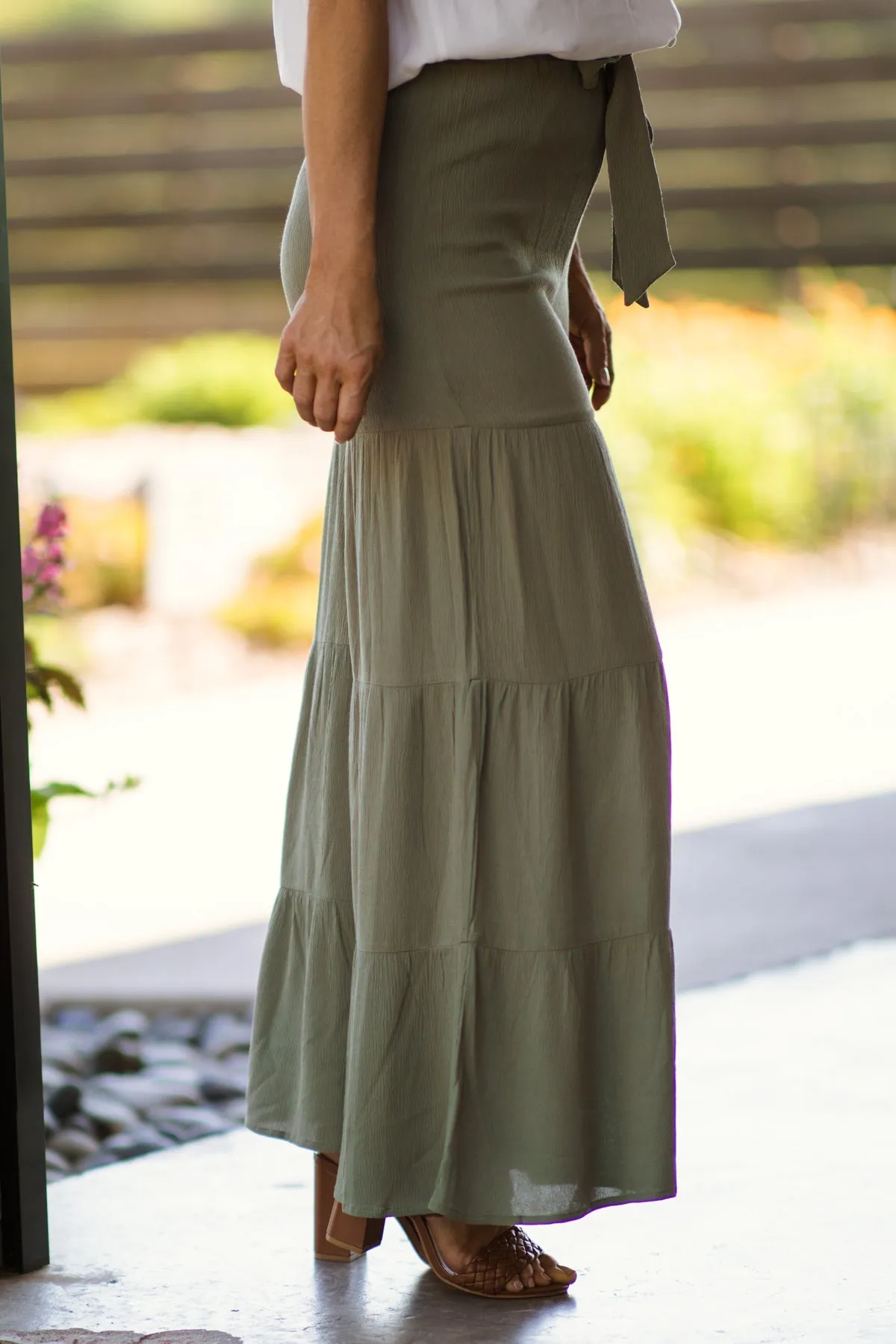 Olive Elastic Waist Tiered Wide Leg Pants