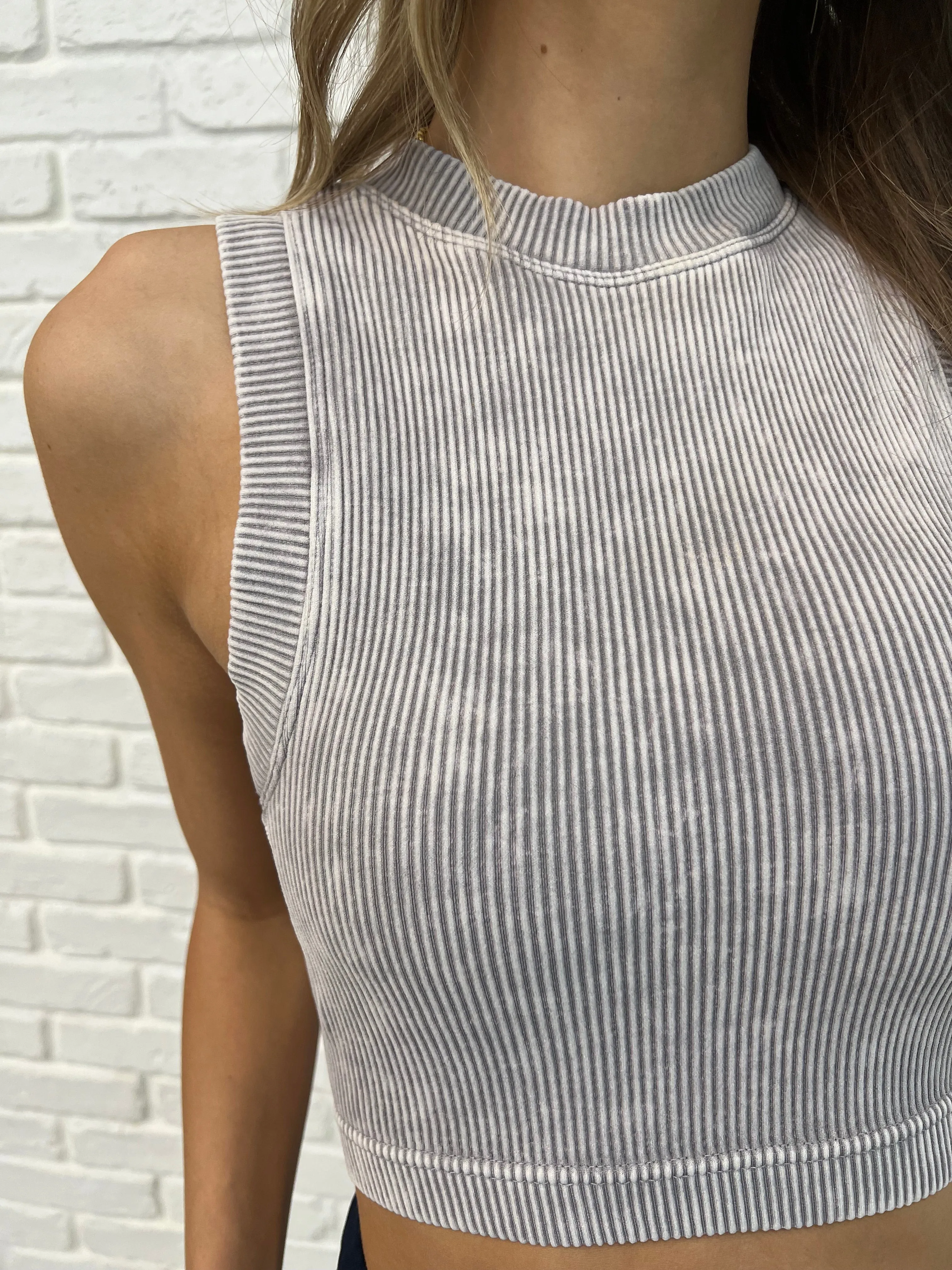 Over and Out Cropped Ribbed Tank in Sleet - 2/10