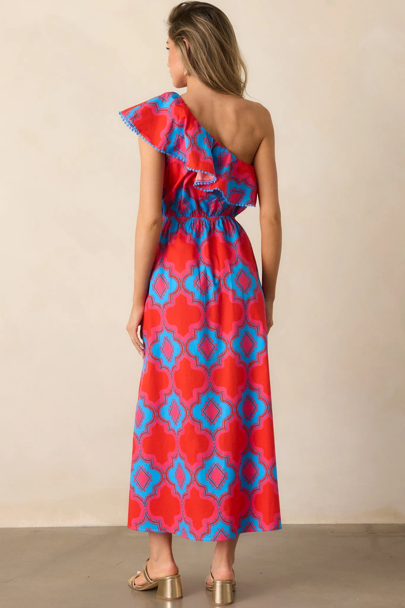 Packing My Bags Cotton Red Multi Print One Shoulder Midi Dress