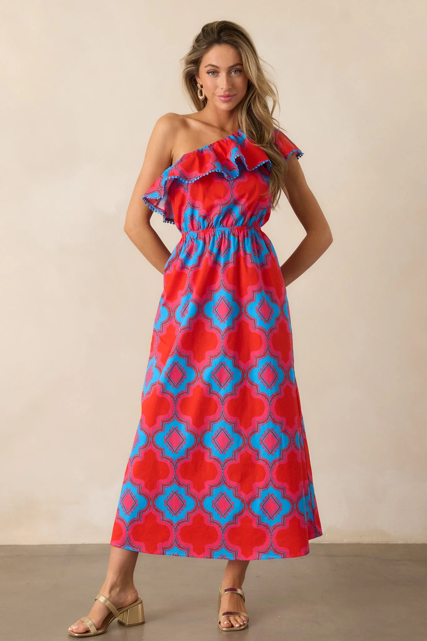 Packing My Bags Cotton Red Multi Print One Shoulder Midi Dress