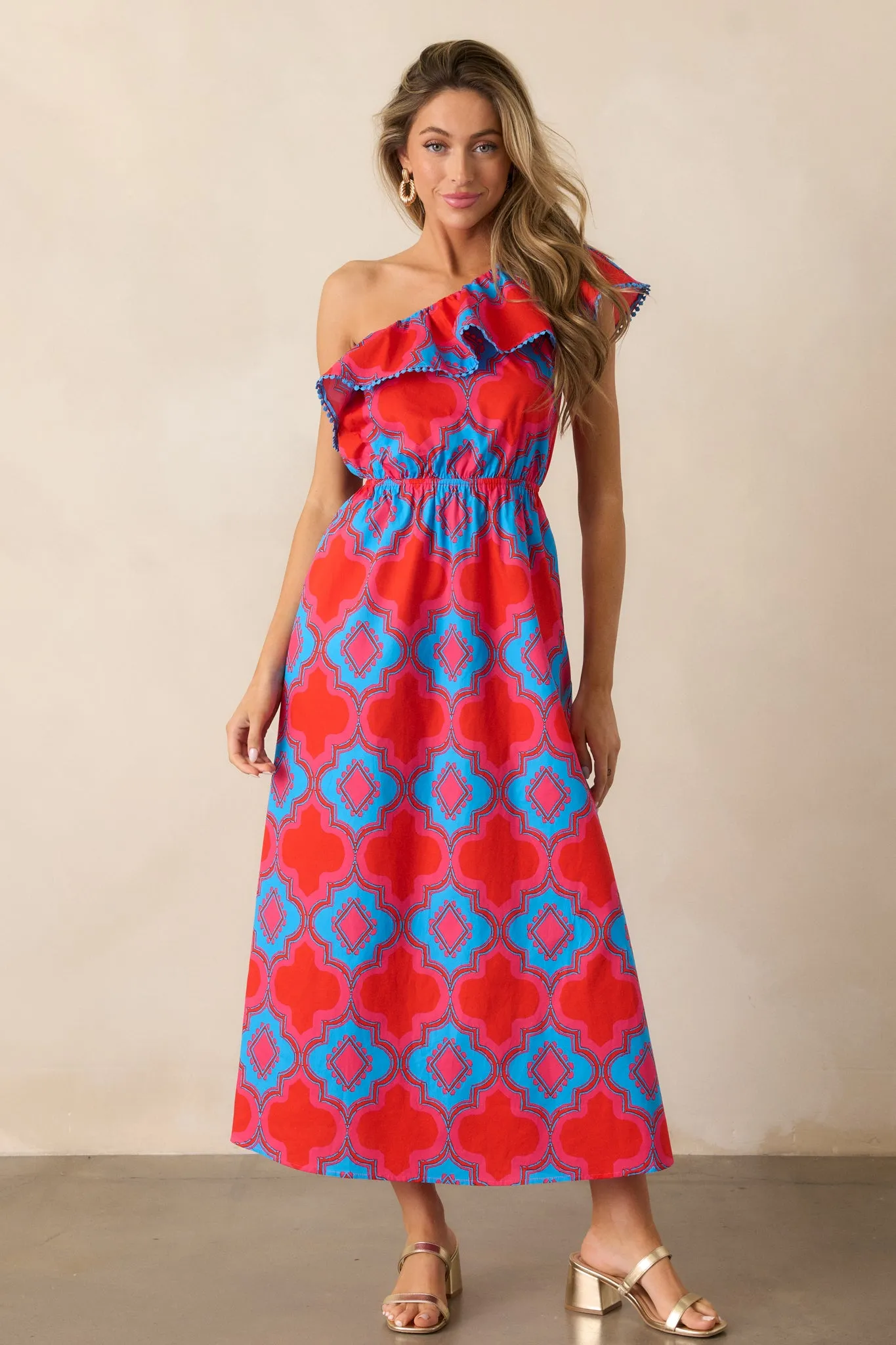 Packing My Bags Cotton Red Multi Print One Shoulder Midi Dress