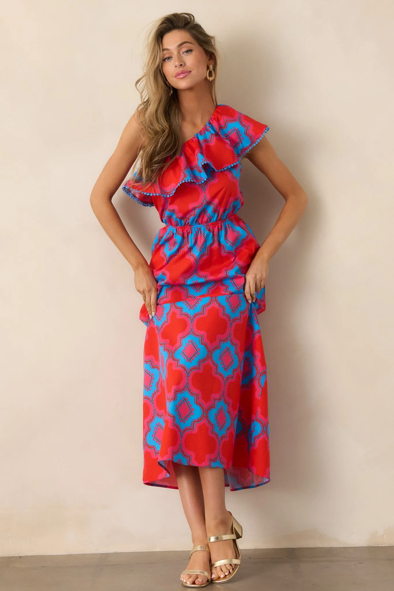 Packing My Bags Cotton Red Multi Print One Shoulder Midi Dress