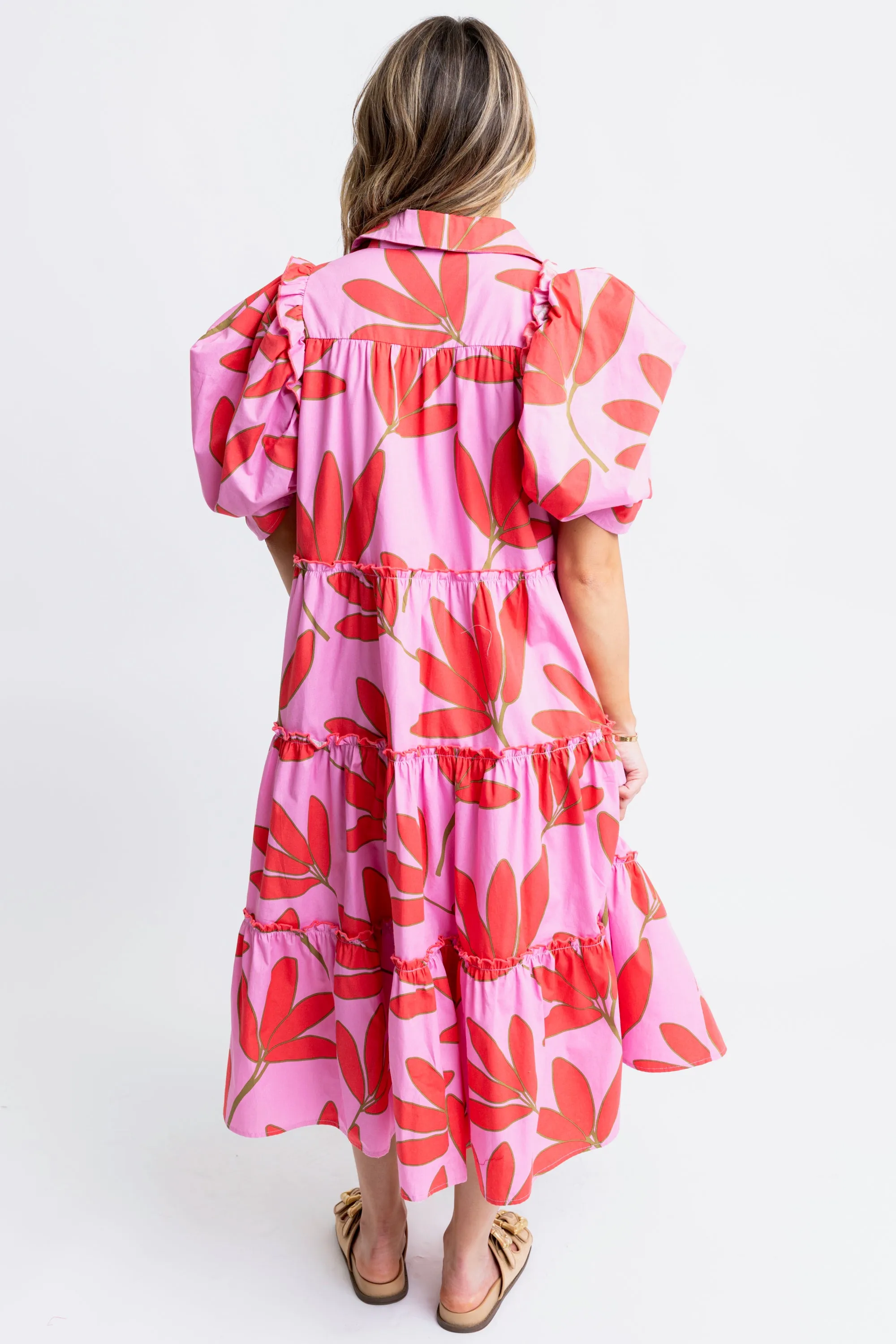 Palm Floral Tier Midi Dress - Cherry