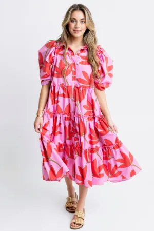 Palm Floral Tier Midi Dress - Cherry