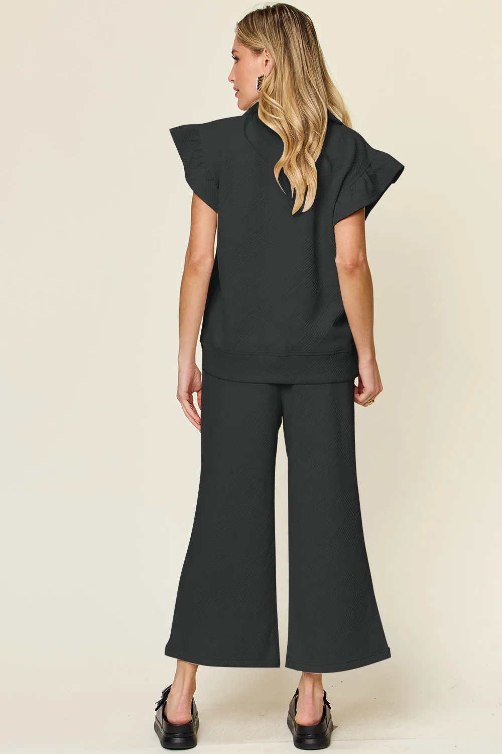Parker Texture Ruffle Short Sleeve Top and Drawstring Wide Leg Pants Set