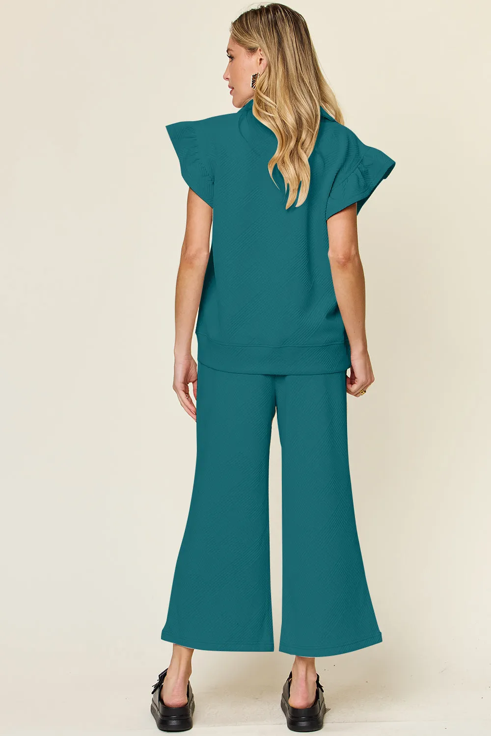 Parker Texture Ruffle Short Sleeve Top and Drawstring Wide Leg Pants Set