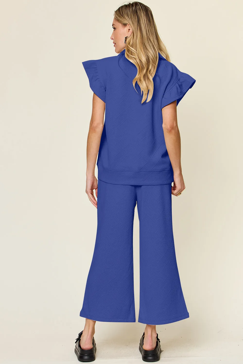Parker Texture Ruffle Short Sleeve Top and Drawstring Wide Leg Pants Set