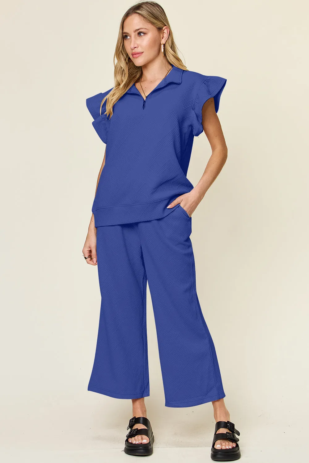 Parker Texture Ruffle Short Sleeve Top and Drawstring Wide Leg Pants Set