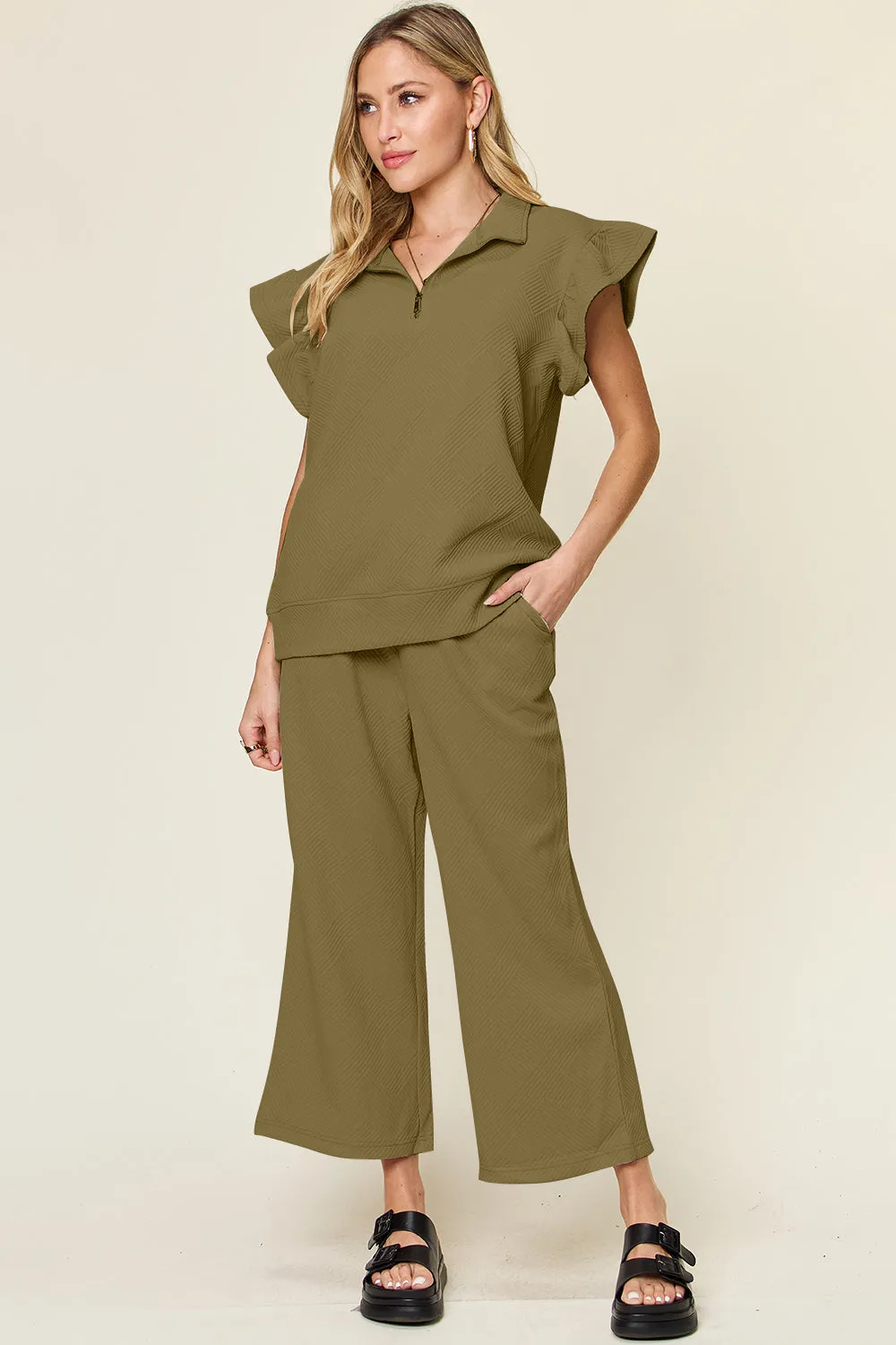 Parker Texture Ruffle Short Sleeve Top and Drawstring Wide Leg Pants Set