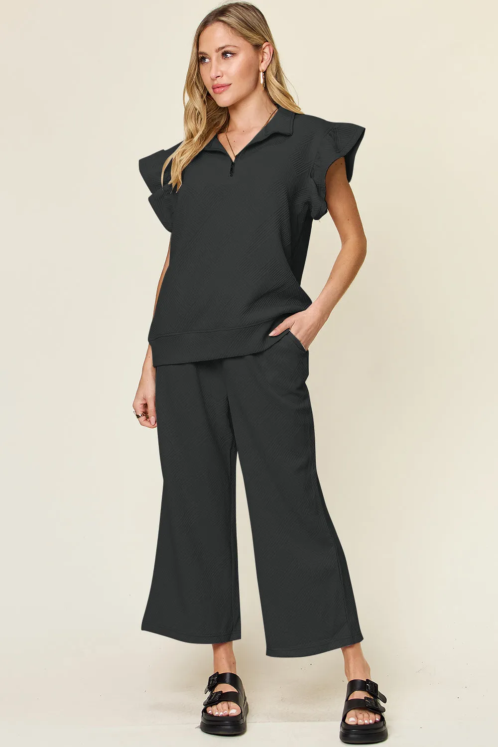 Parker Texture Ruffle Short Sleeve Top and Drawstring Wide Leg Pants Set