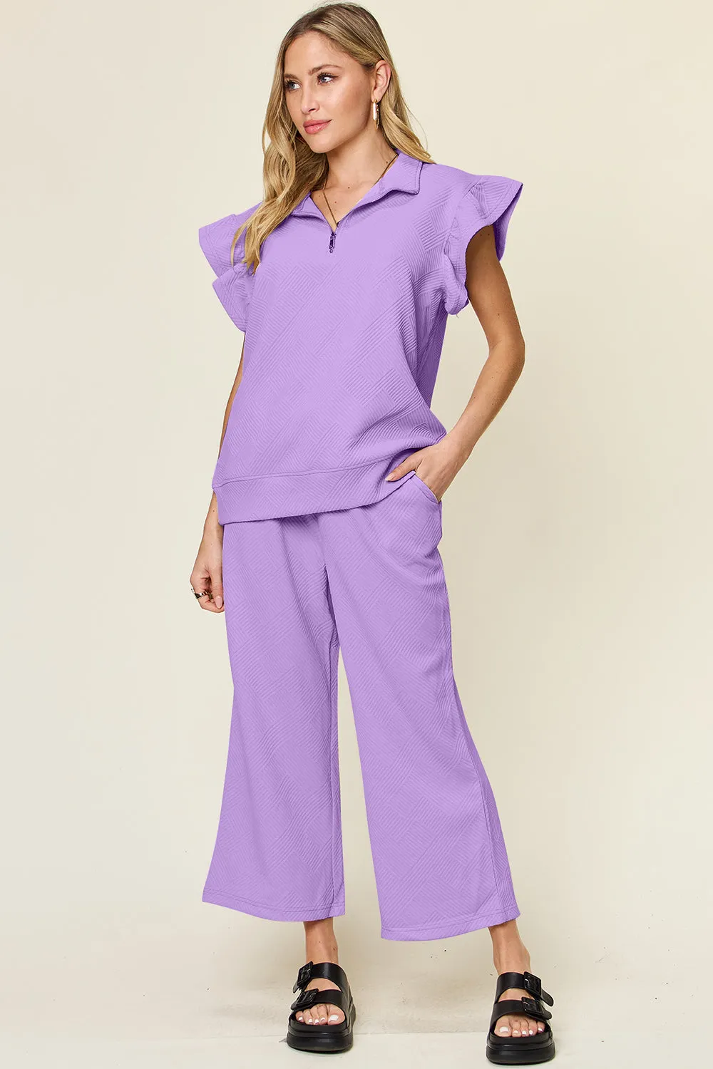 Parker Texture Ruffle Short Sleeve Top and Drawstring Wide Leg Pants Set