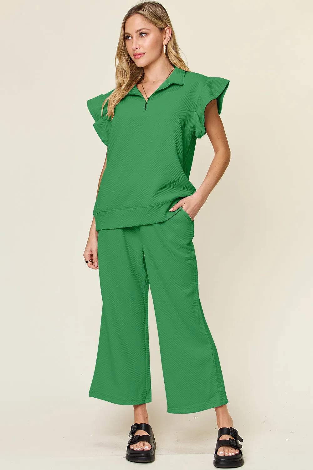 Parker Texture Ruffle Short Sleeve Top and Drawstring Wide Leg Pants Set
