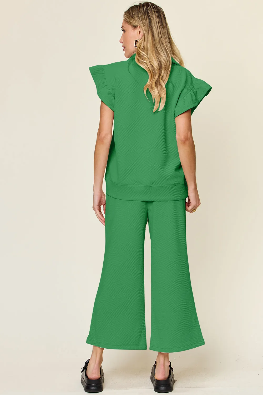 Parker Texture Ruffle Short Sleeve Top and Drawstring Wide Leg Pants Set