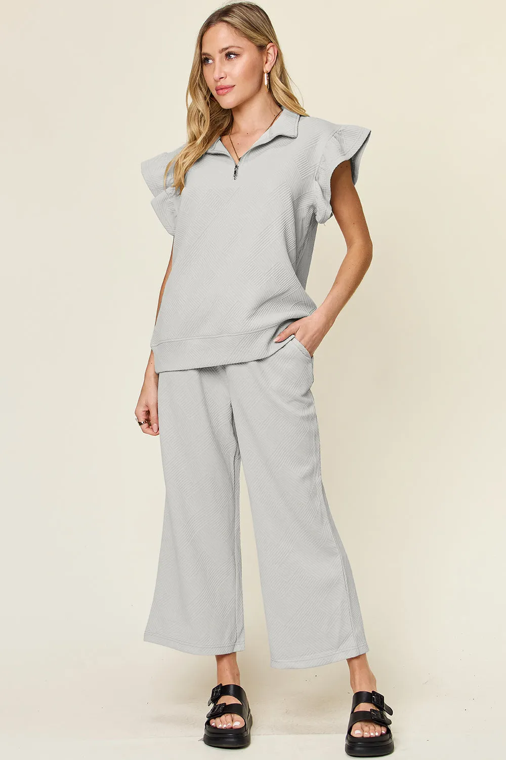 Parker Texture Ruffle Short Sleeve Top and Drawstring Wide Leg Pants Set
