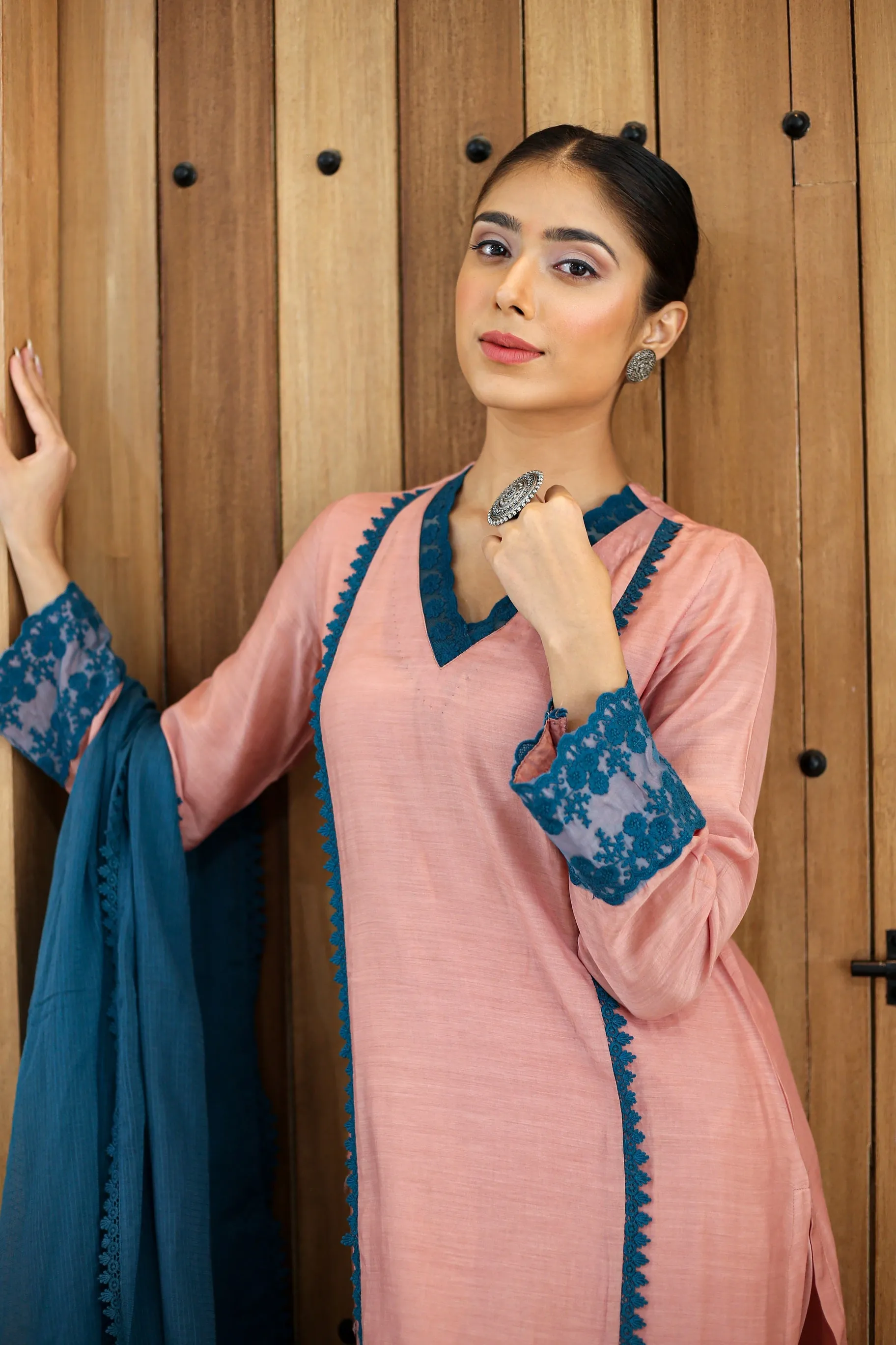 Peach With Blue Muslin Embroidered Ready To Wear Kurta Set With Pant With Kota Dupatta