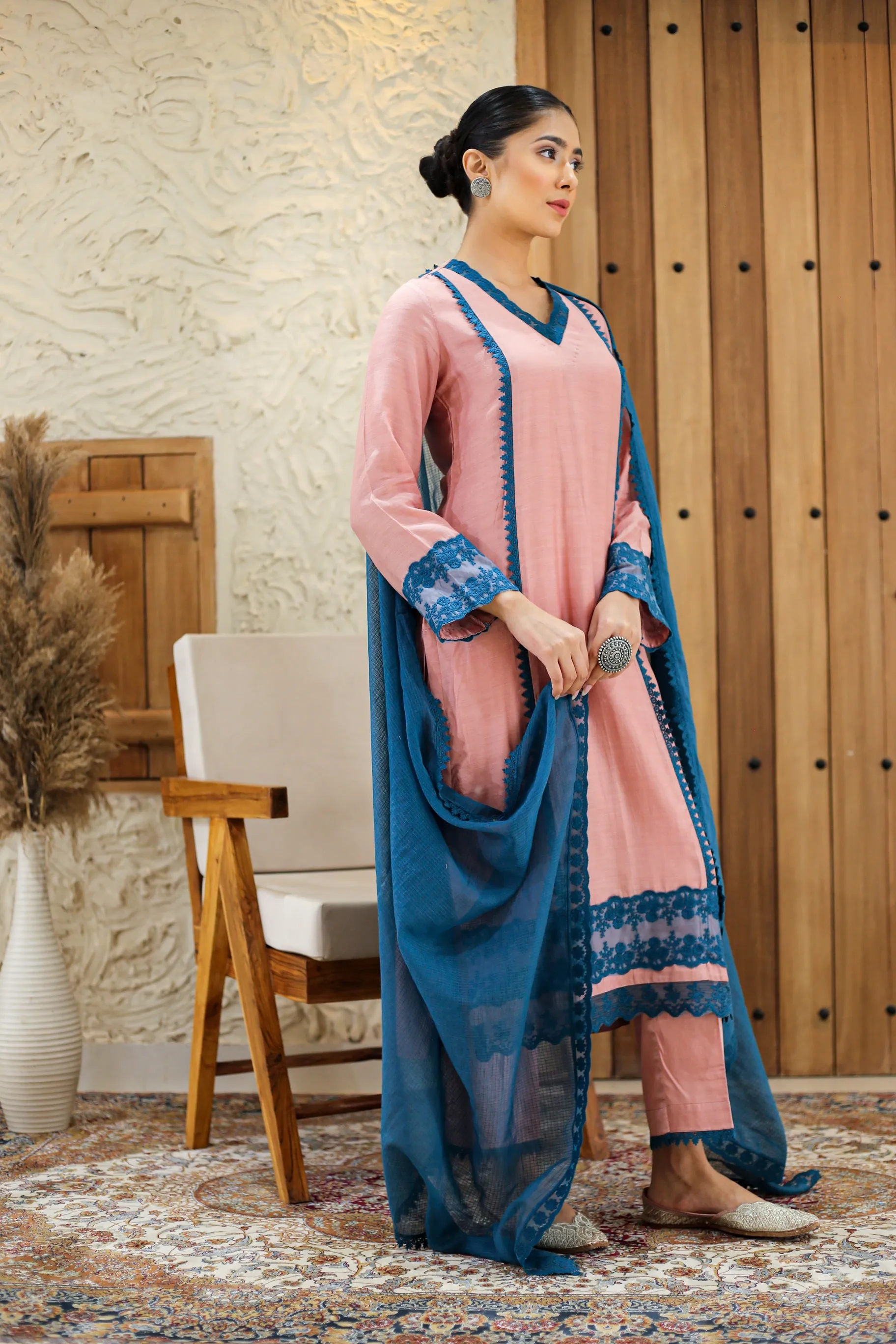 Peach With Blue Muslin Embroidered Ready To Wear Kurta Set With Pant With Kota Dupatta
