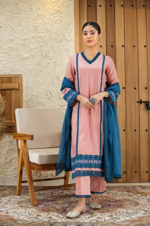 Peach With Blue Muslin Embroidered Ready To Wear Kurta Set With Pant With Kota Dupatta