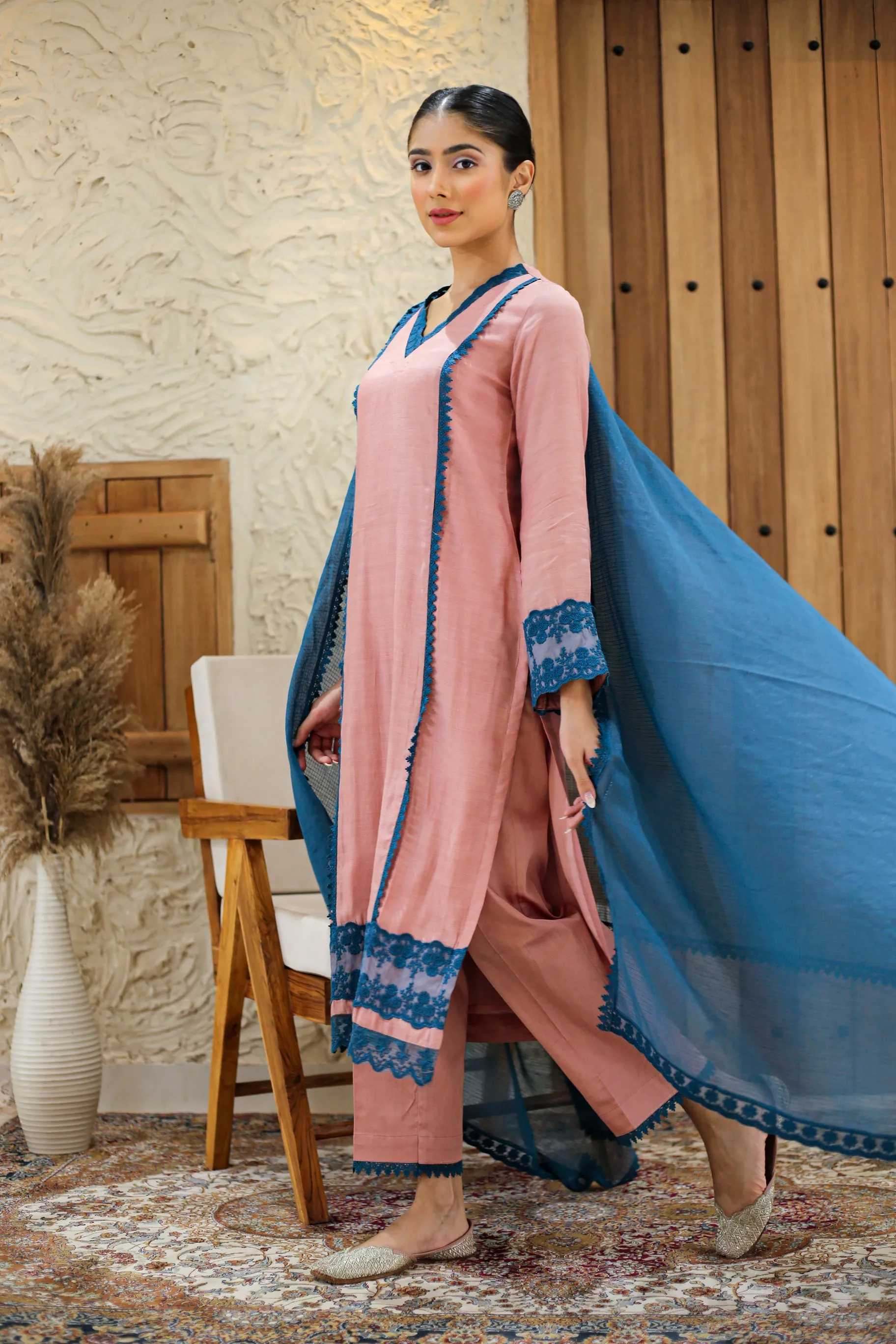 Peach With Blue Muslin Embroidered Ready To Wear Kurta Set With Pant With Kota Dupatta