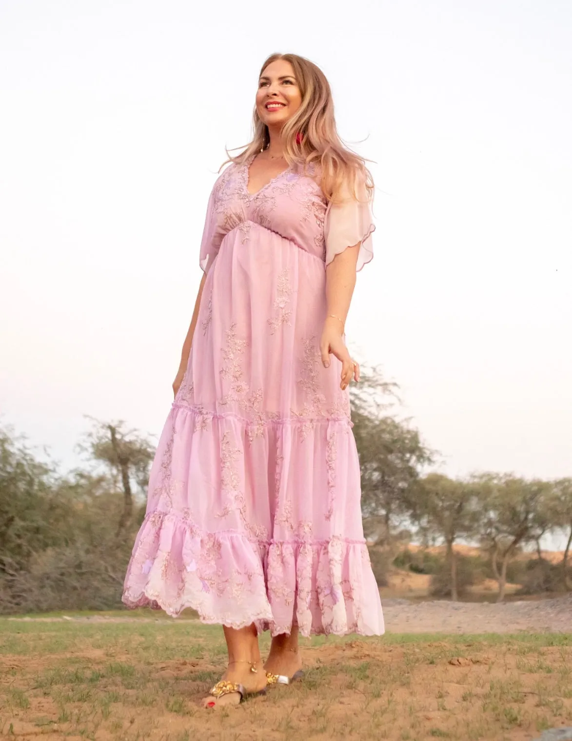 Pink and gold tiered dress with sleeves
