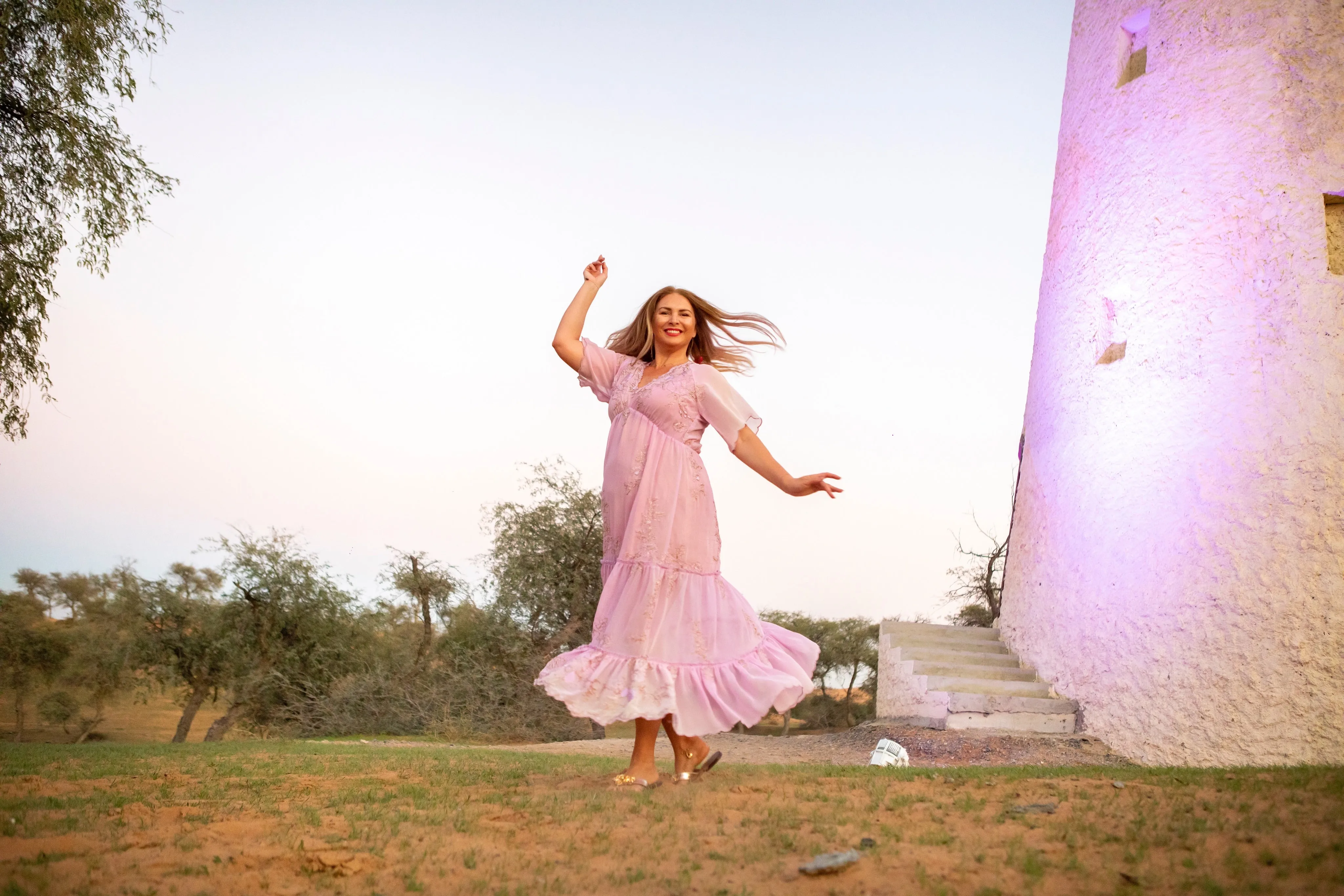 Pink and gold tiered dress with sleeves