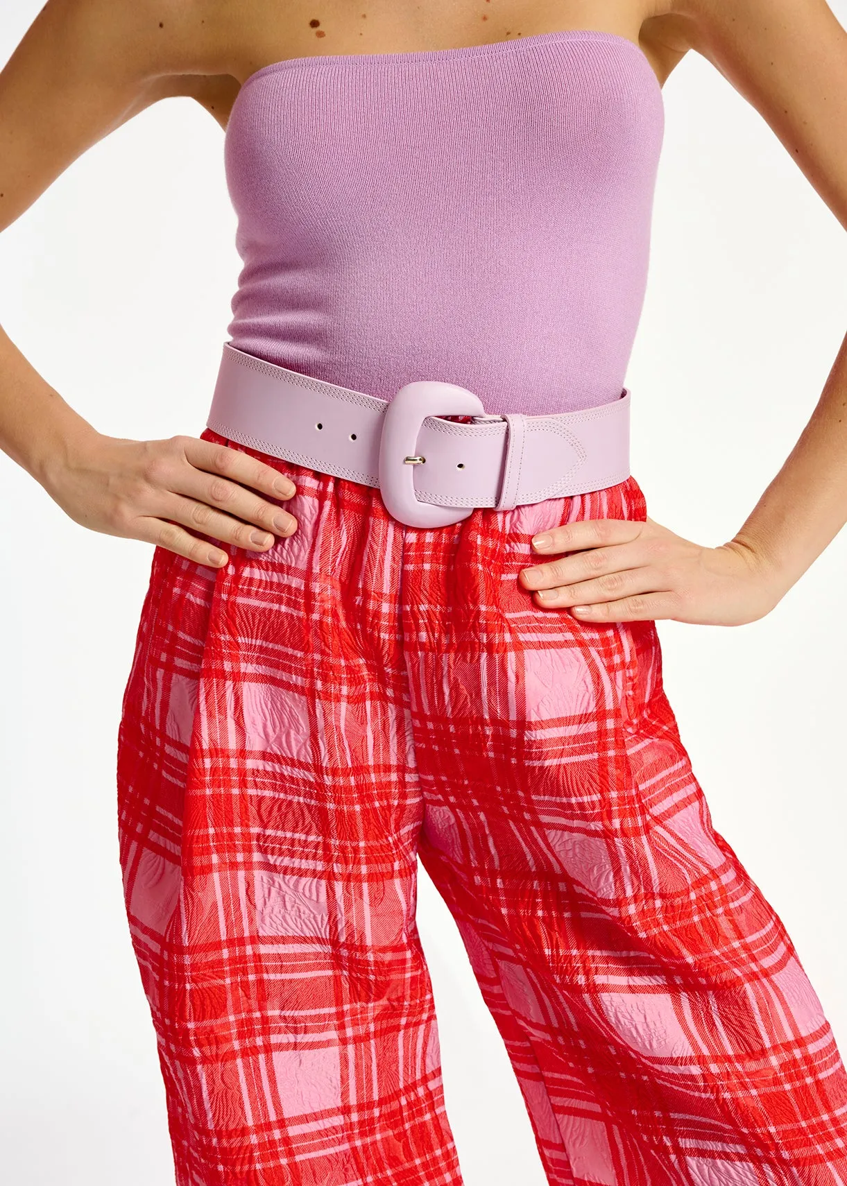Pink and red checked wide-leg pants