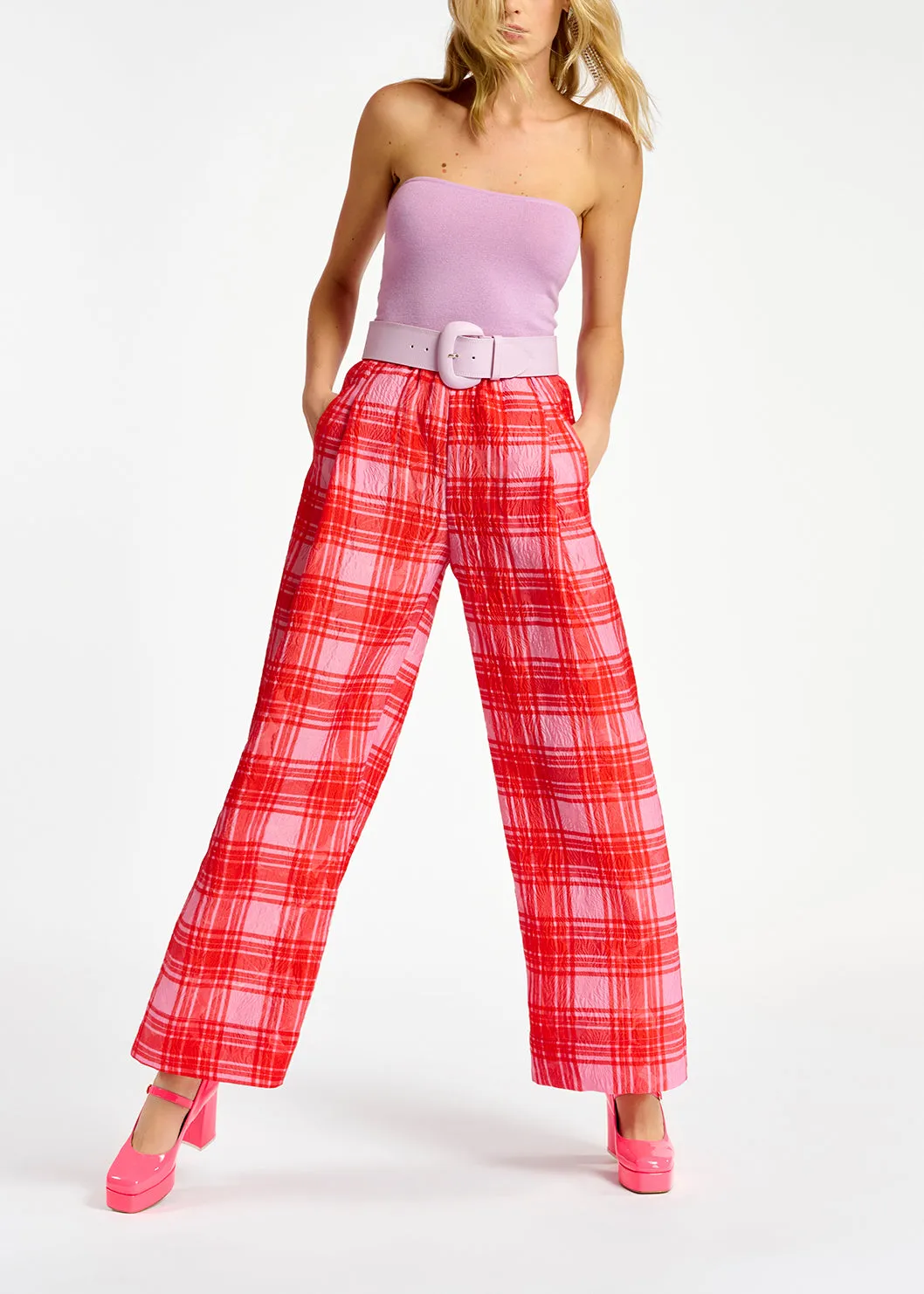 Pink and red checked wide-leg pants