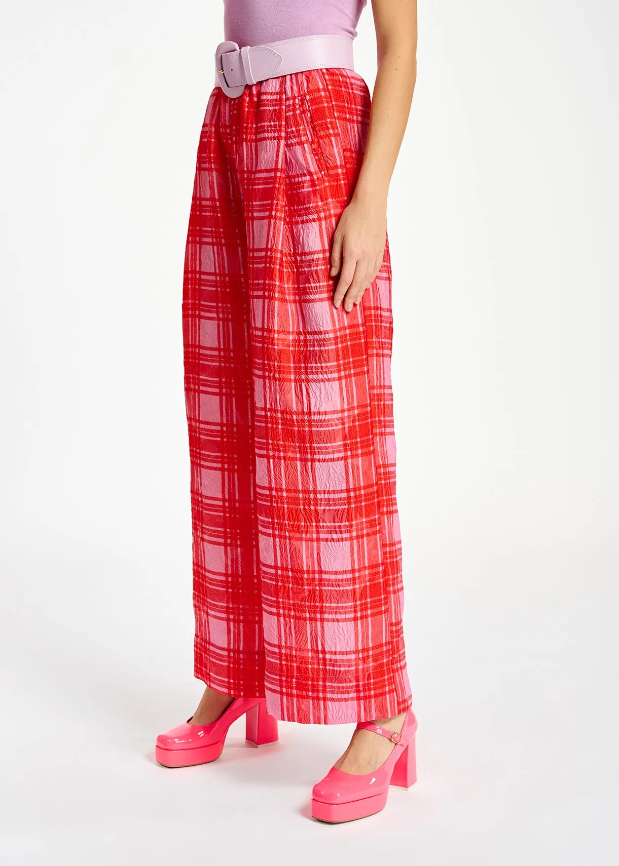 Pink and red checked wide-leg pants