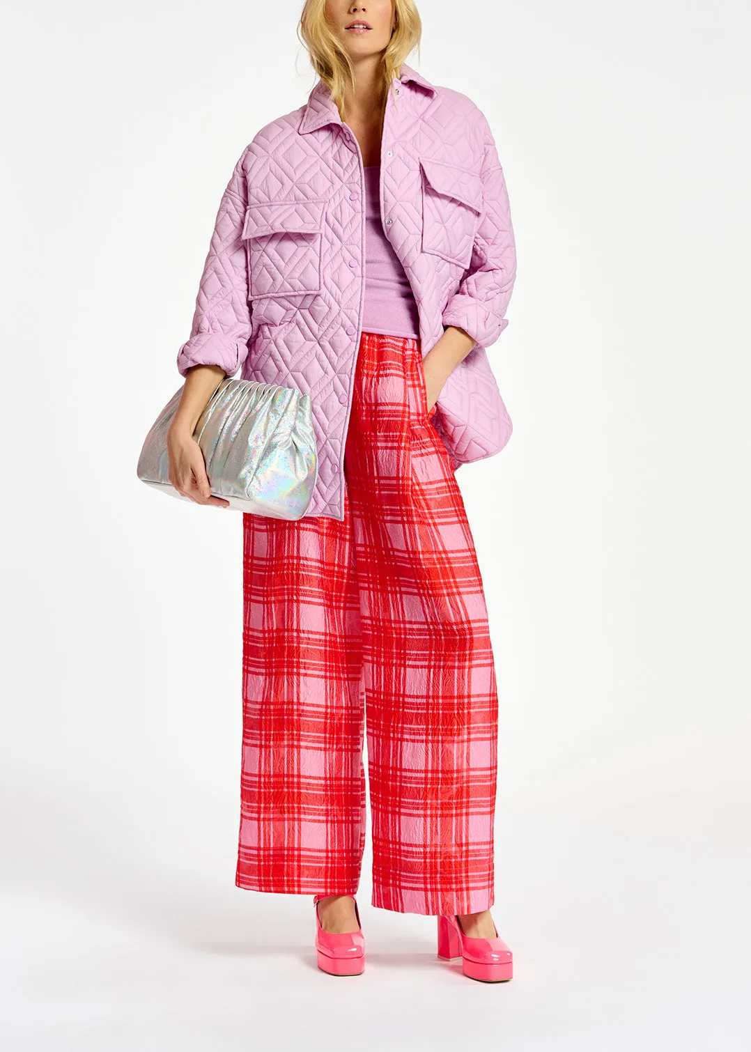 Pink and red checked wide-leg pants