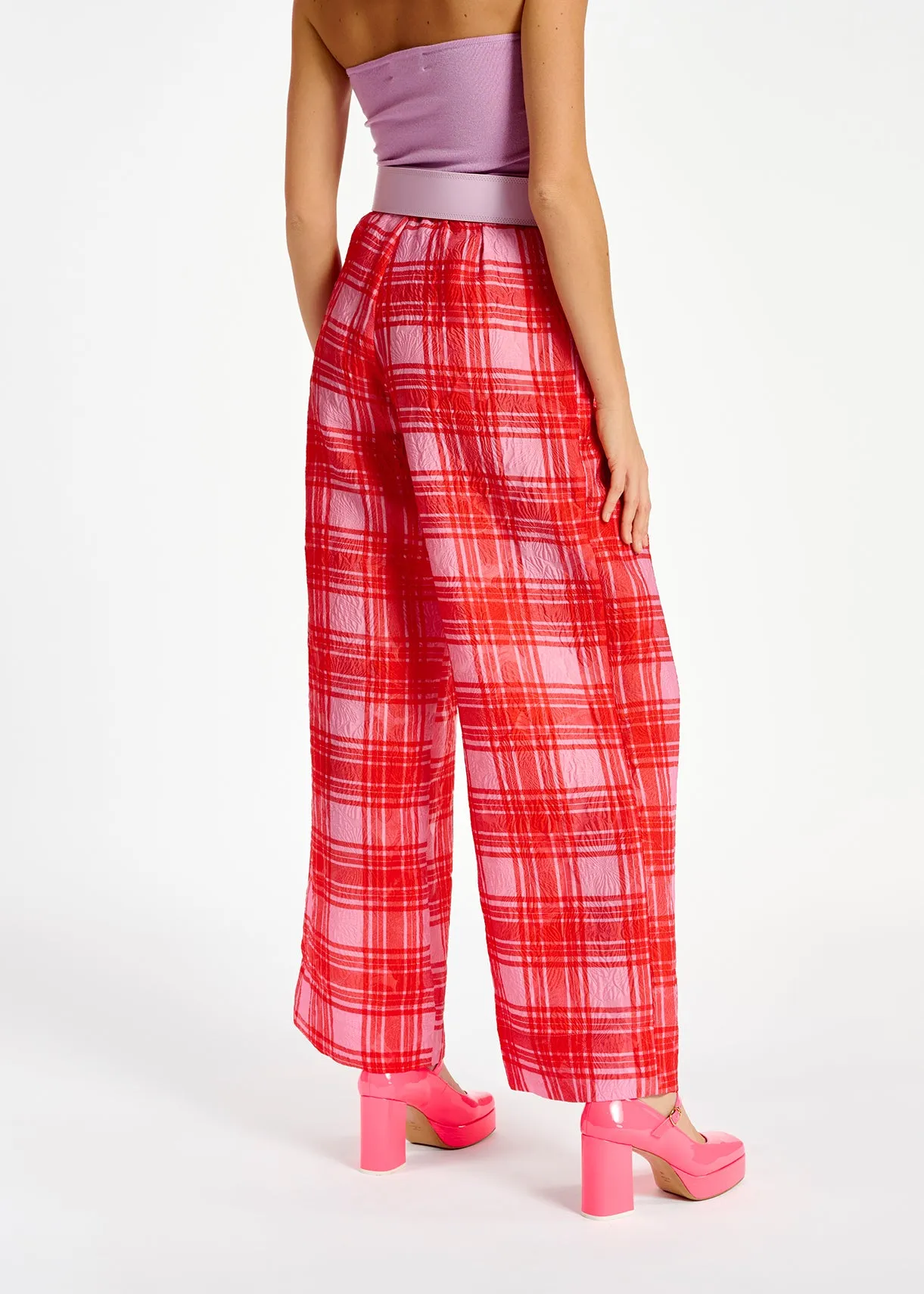 Pink and red checked wide-leg pants