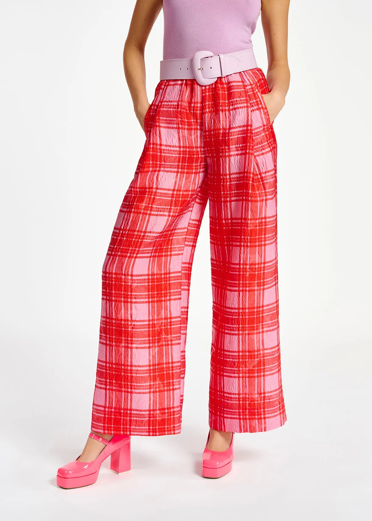 Pink and red checked wide-leg pants