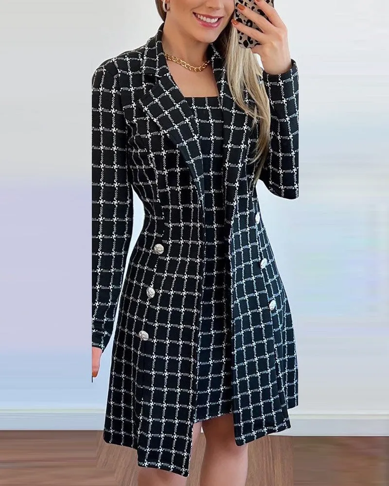 Plaid Print Notched Collar Double Breasted Longline Coat