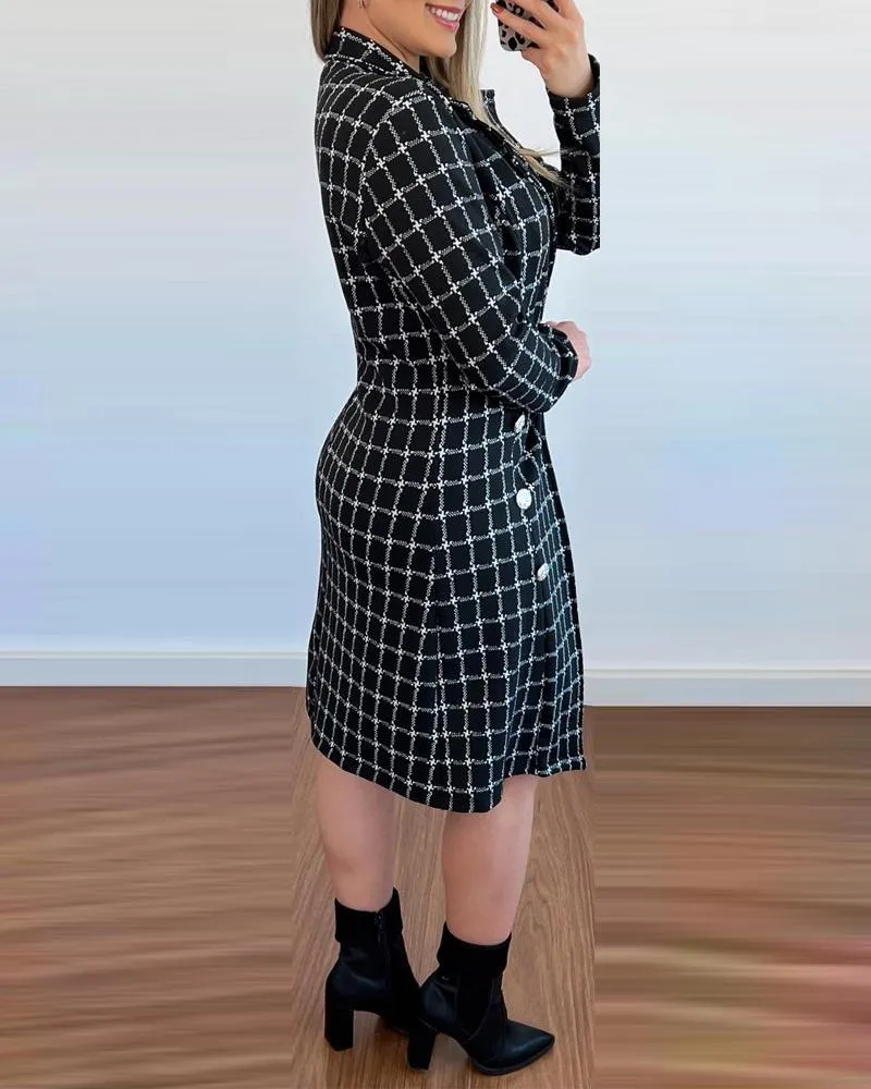 Plaid Print Notched Collar Double Breasted Longline Coat