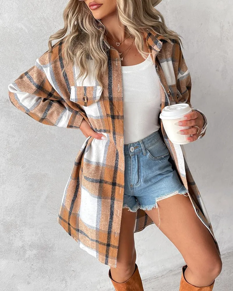 Plaid Print Pocket Design Buttoned Longline Shacket