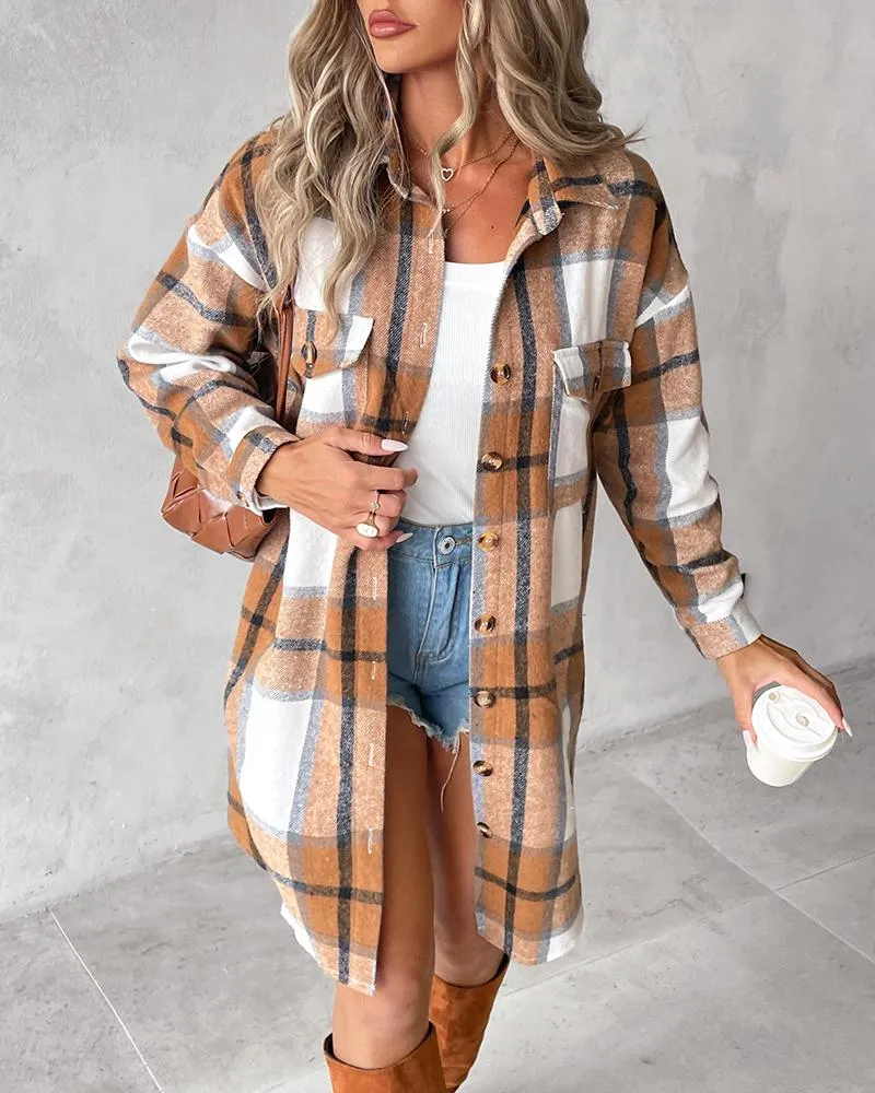 Plaid Print Pocket Design Buttoned Longline Shacket