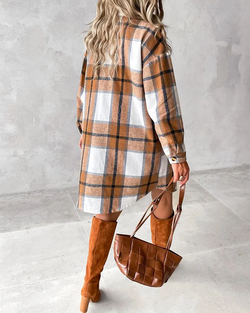 Plaid Print Pocket Design Buttoned Longline Shacket