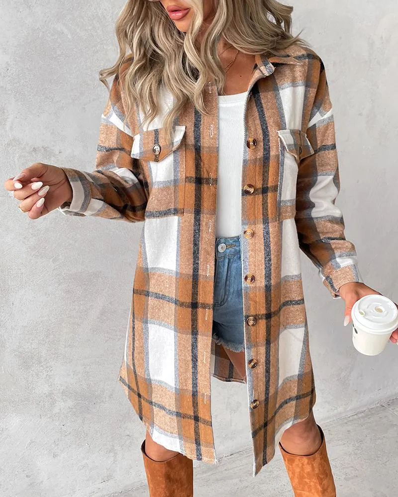 Plaid Print Pocket Design Buttoned Longline Shacket